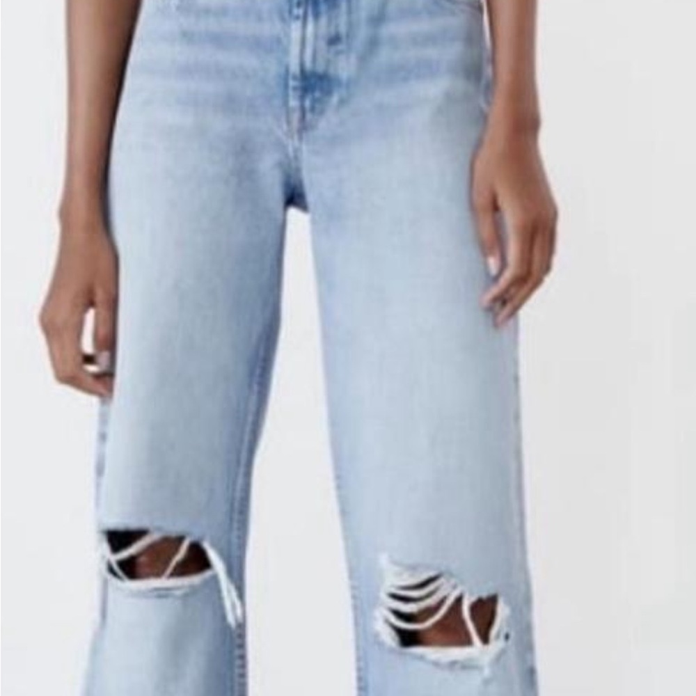 Zara Light Blue Ripped Wide Leg Jeans
